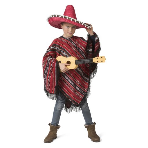Mexicaanse Poncho Rood/Zwart Miguel Kind