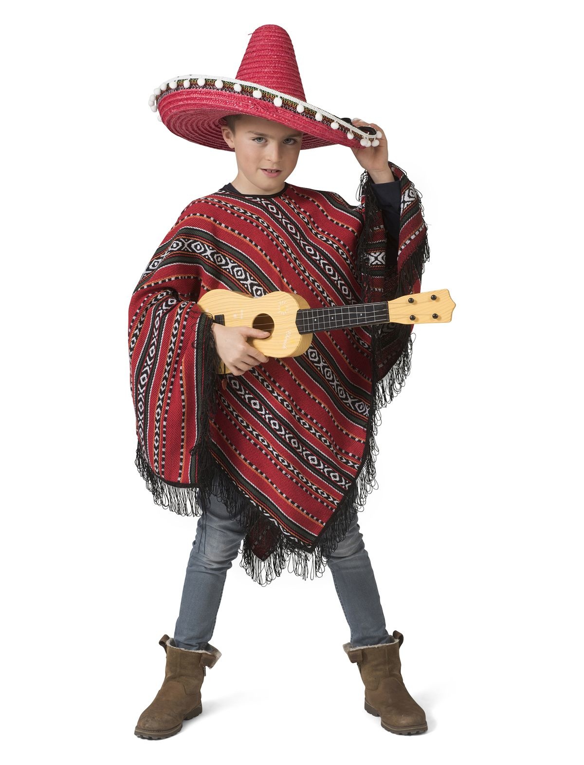 Mexicaanse Poncho Rood-Zwart Miguel Kind