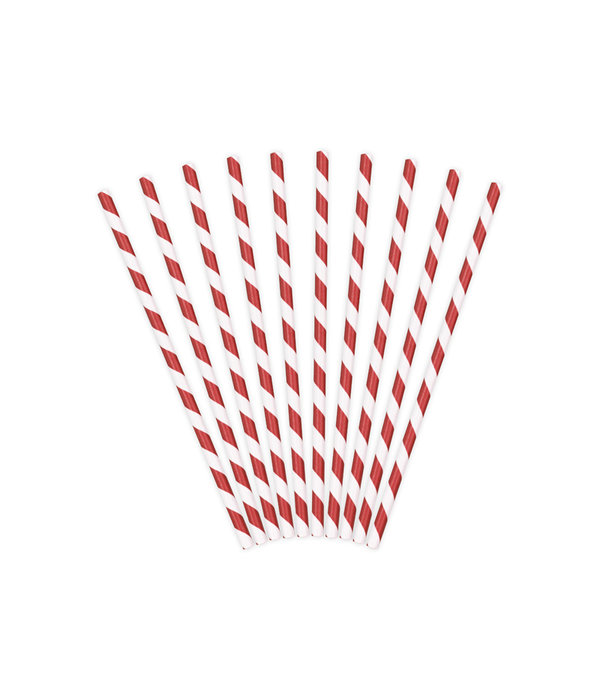 Papieren rietjes rood/wit gestreept 10 stuks