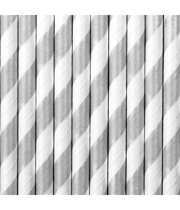 Papieren rietjes zilver/wit gestreept 10 stuks