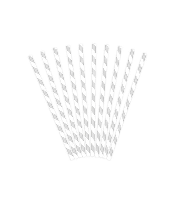 Papieren rietjes zilver/wit gestreept 10 stuks