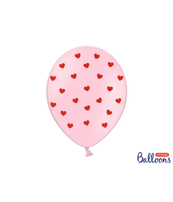 Ballonnen Pastel Pink met Rode Hartjes (6st)