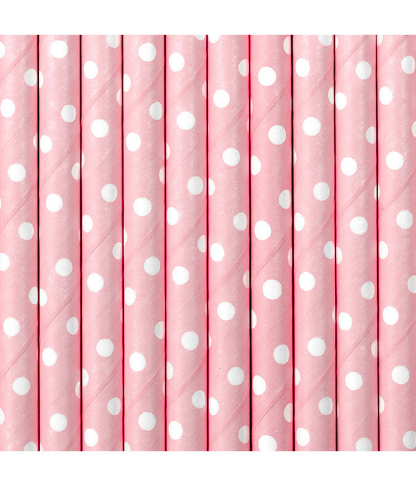 Papieren rietjes roze met witte stipjes 10 stuks