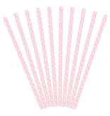 Papieren rietjes roze met witte stipjes 10 stuks