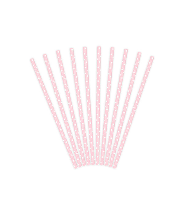 Papieren rietjes roze met witte stipjes 10 stuks