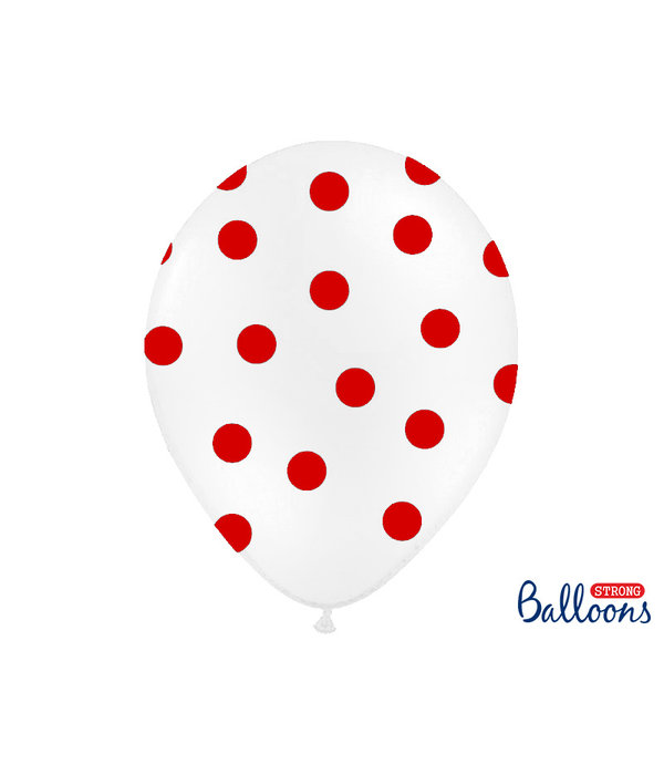 Ballonnen Pastel Wit Met Rode Stippen - 6 Stuks