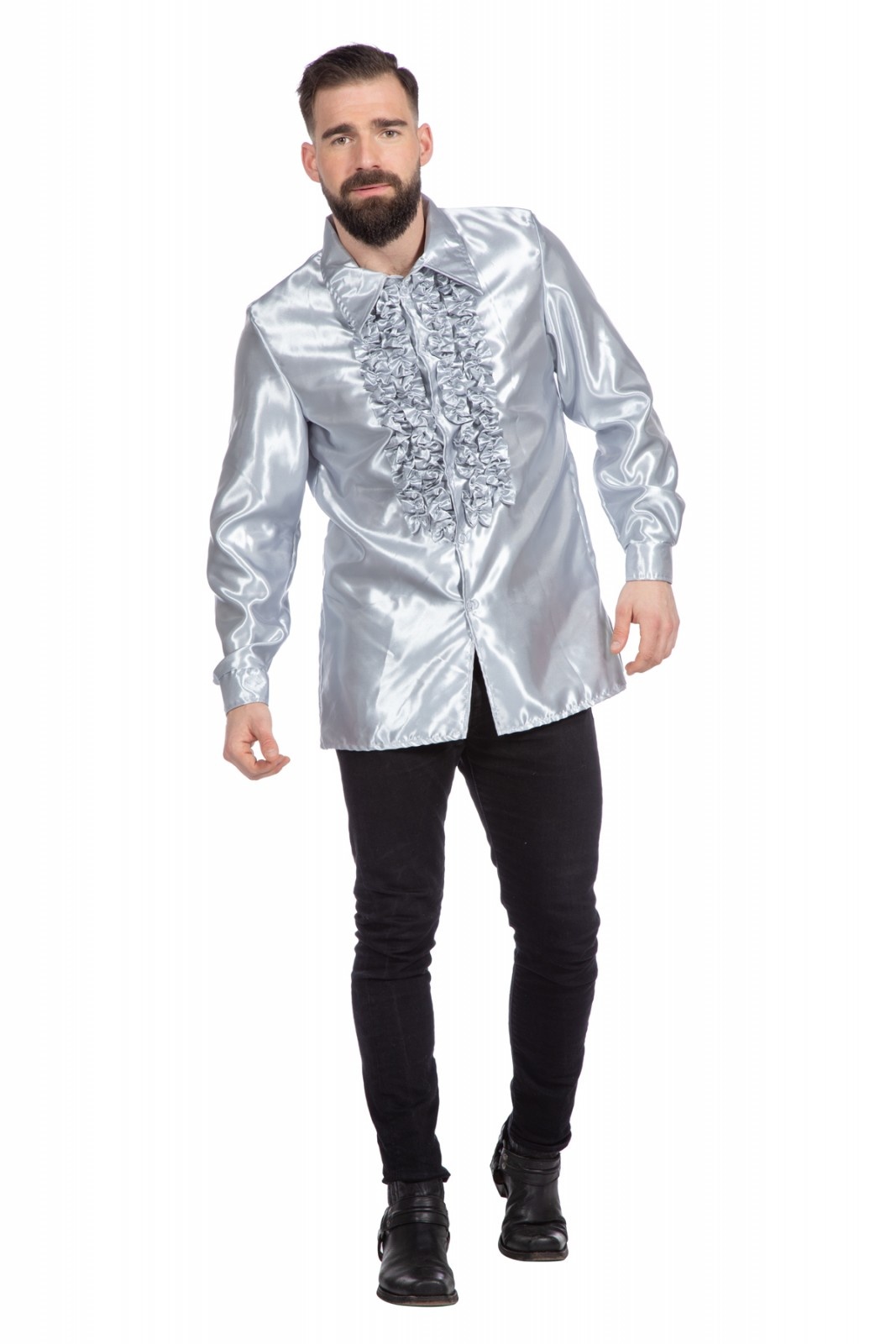 Ruchesblouse satijn zilver afbeelding
