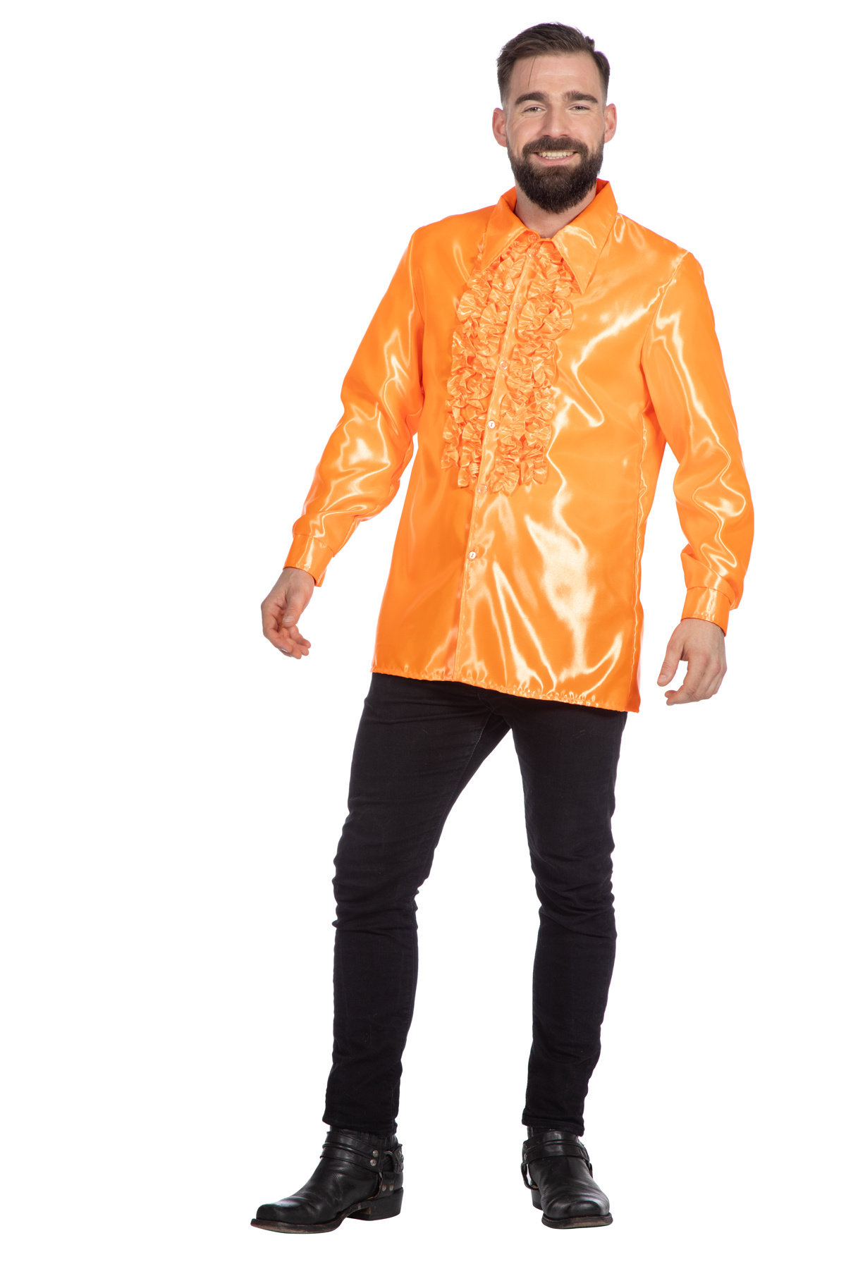 Ruchesblouse satijn oranje Kevin