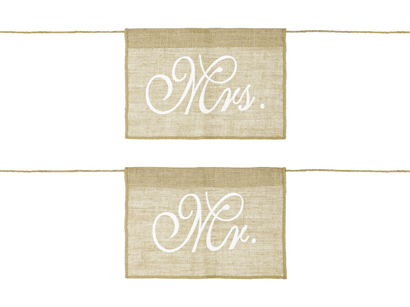 Bruiloft Stoelversiering - jute signs Mr Mrs