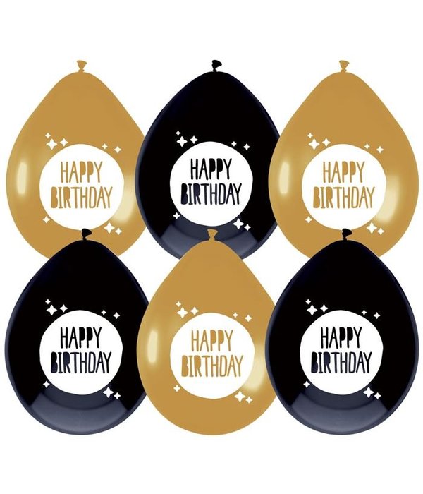 Ballonnen Happy Birthday Zwart/Goud - 6 Stuks
