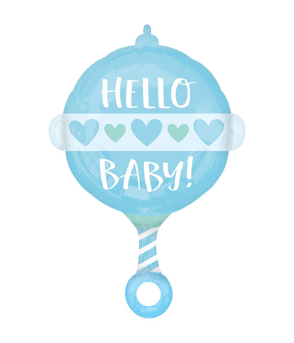 Folieballon Hello Baby Blauw Rammelaar