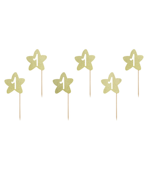 Cake Topper '1' Ster Goud - 6 stuks