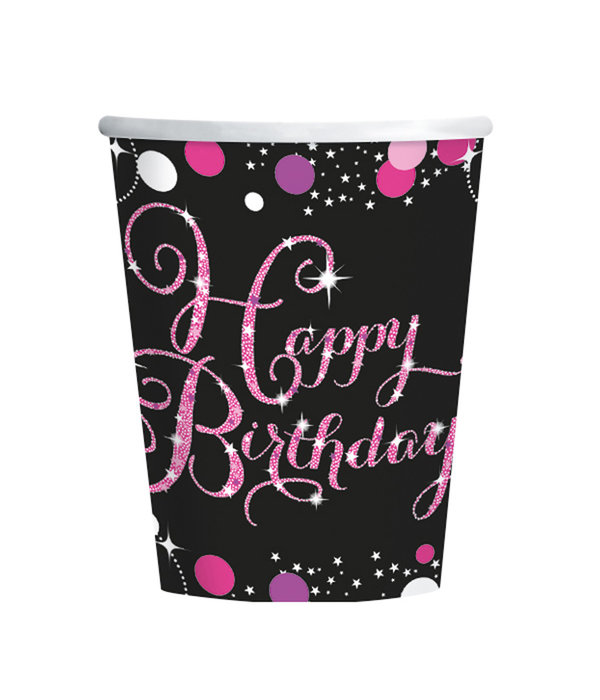 Bekers Happy Birthday Sparkling Pink - 8 Stuks