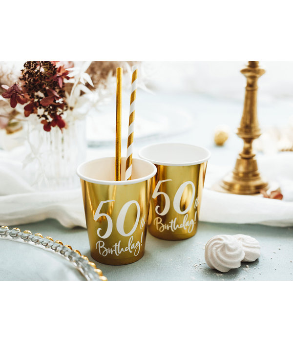 Feestbekers 50th Birthday Goud - 6 Stuks