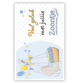 Wenskaart Geboorte Zoontje Wiegje en Ballonnen