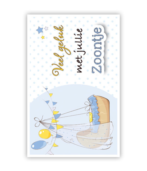 Wenskaart Geboorte Zoontje Wiegje en Ballonnen