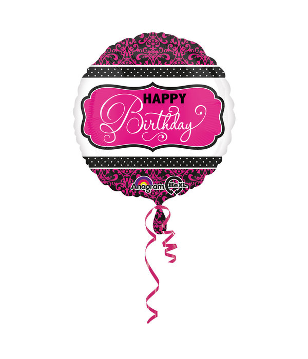 Folieballon Zwart/Roze Print Happy Birthday - 45cm