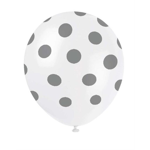 Ballonnen Wit met Zilveren Stippen - 6 Stuks