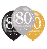 Ballonnen 80 Jaar Happy Birthday Zilver, Goud en Zwart