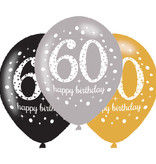 Ballonnen 60 Jaar Happy Birthday Zilver, Goud En Zwart