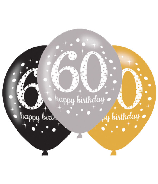 Ballonnen 60 Jaar Happy Birthday Zilver, Goud En Zwart