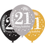Ballonnen 21 Jaar Happy Birthday Zilver, Goud En Zwart