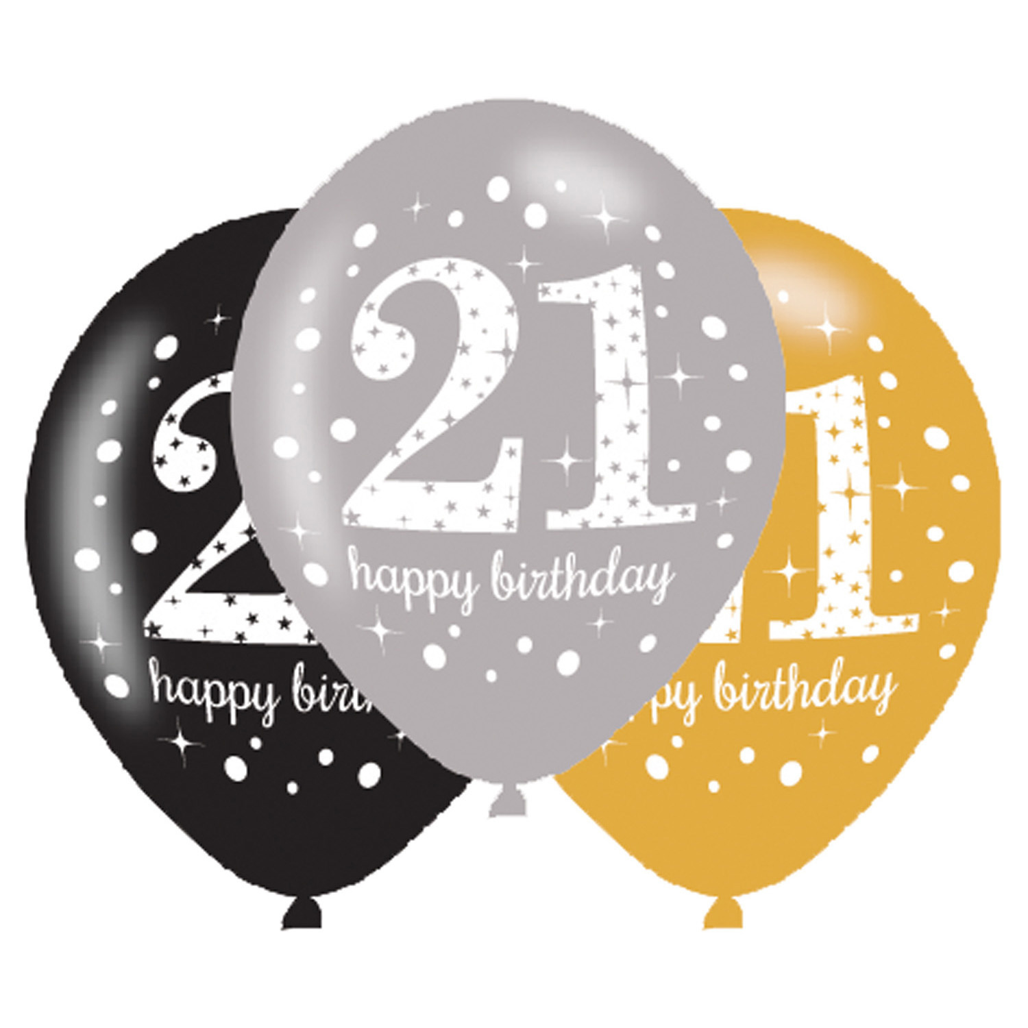 Ballonnen 21 Jaar Happy Birthday Zilver, Goud En Zwart