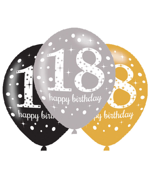 Ballonnen 18 Jaar Happy Birthday Zilver, Goud En Zwart
