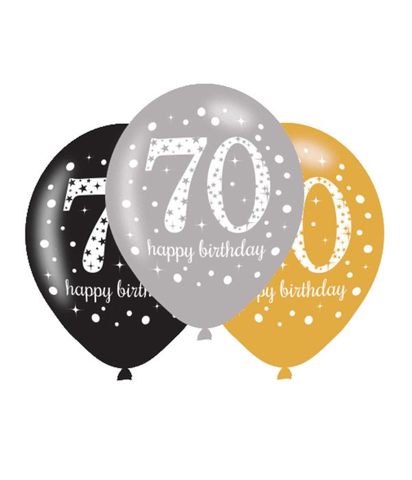 Ballonnen 70 Jaar Happy Birthday Zilver, Goud En Zwart