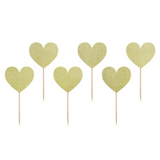 Cake Toppers Glitter Hartjes Goud - 6 Stuks