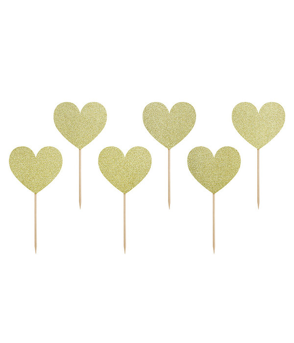 Cake Toppers Glitter Hartjes Goud - 6 Stuks