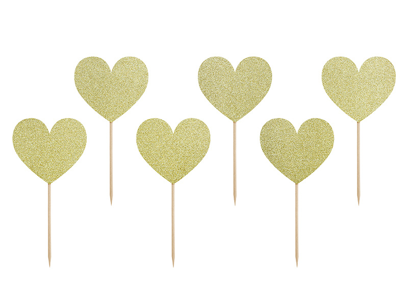 Cake Toppers Glitter Hartjes Goud - 6 Stuks afbeelding