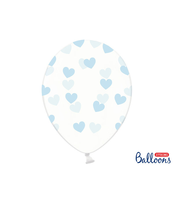 6 Transparante Ballonnen met hartjes print Sky Blue