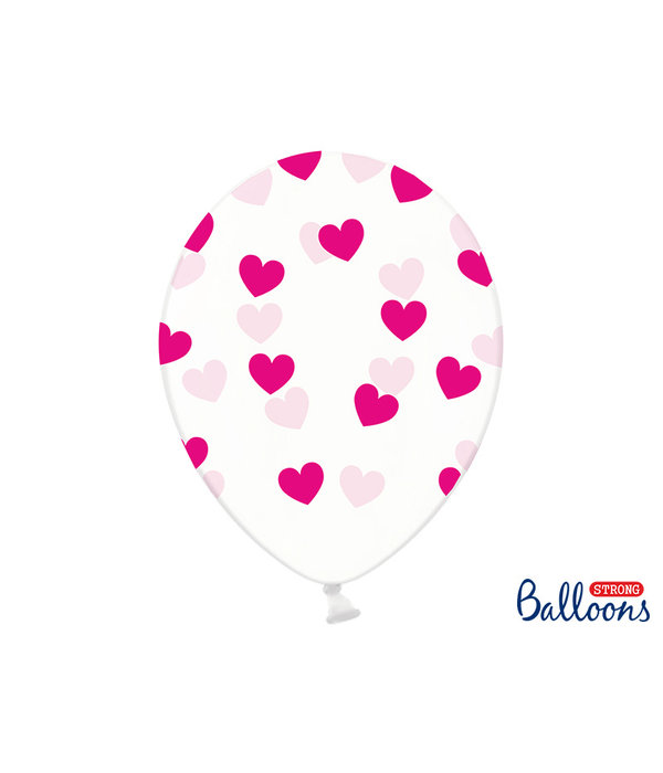6 Transparante Ballonnen met hartjes print Fuchsia