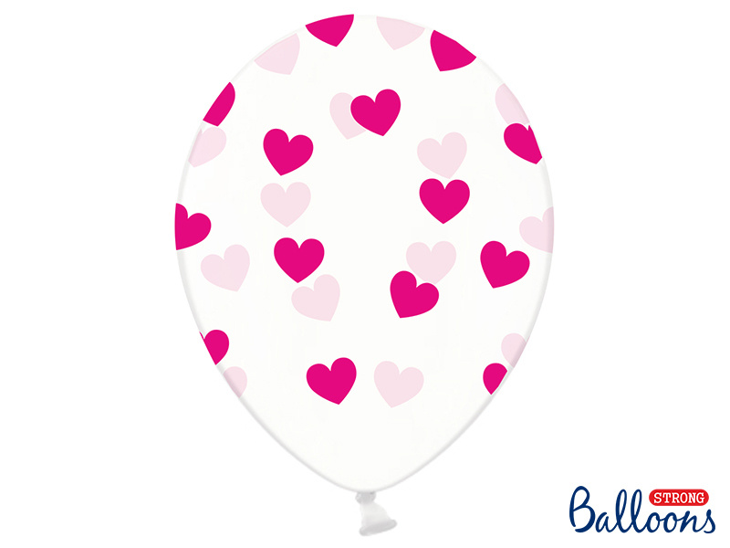 6 Transparante Ballonnen met hartjes print Fuchsia afbeelding