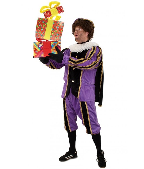 Pietenpak pluche 3-delig paars/zwart