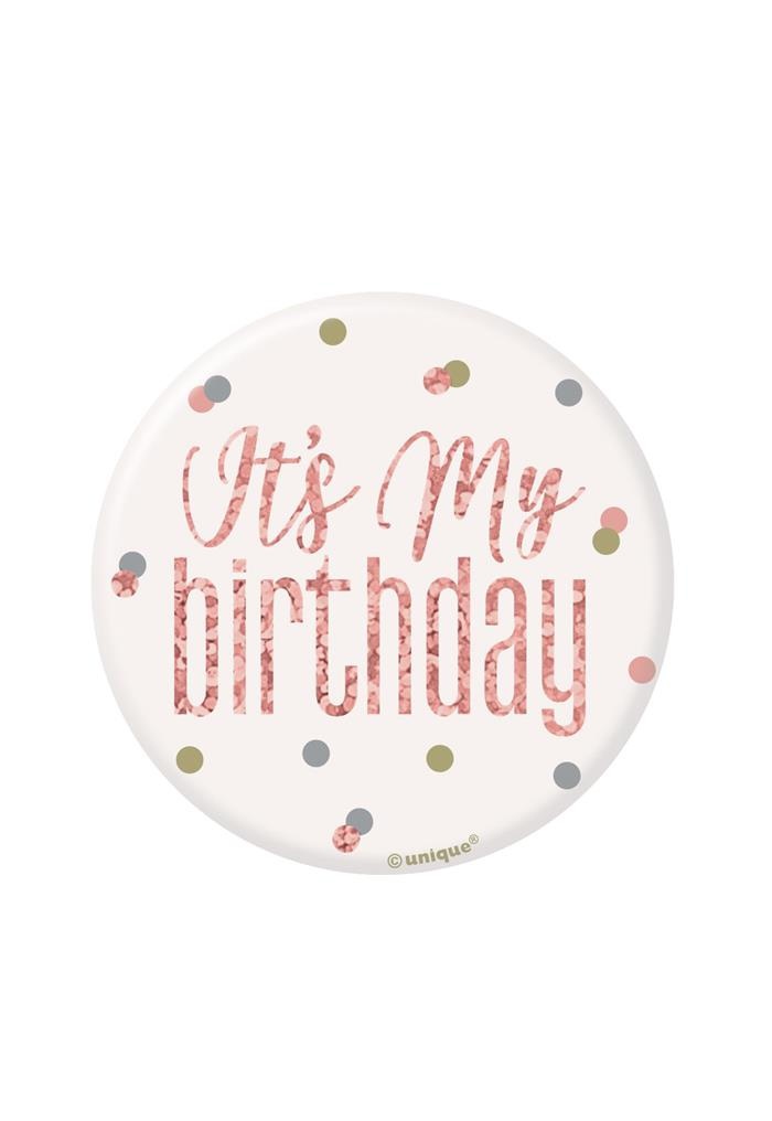 Button 'It's My Birthday' Rosé Goud Glitz