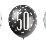 Ballonnen 50 Jaar Zwart en Zilver Glitz (6st)