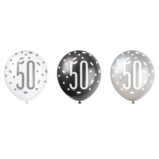 Ballonnen 50 Jaar Zwart en Zilver Glitz (6st)