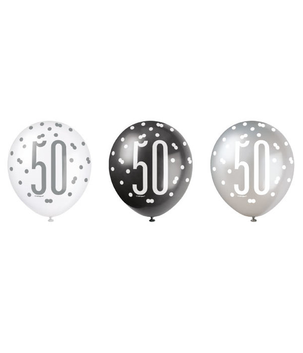 Ballonnen 50 Jaar Zwart en Zilver Glitz (6st)