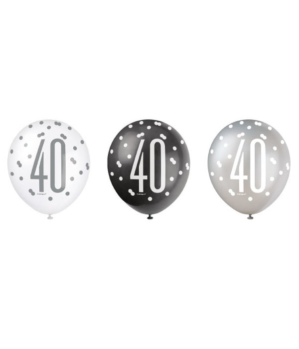 Ballonnen 40 Jaar Zwart en Zilver Glitz (6st)