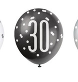 Ballonnen 30 Jaar Zwart en Zilver Glitz (6st)