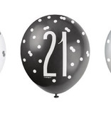 Ballonnen 21 Jaar Zwart en Zilver Glitz (6st)