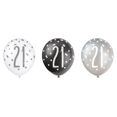 Ballonnen 21 Jaar Zwart en Zilver Glitz (6st)