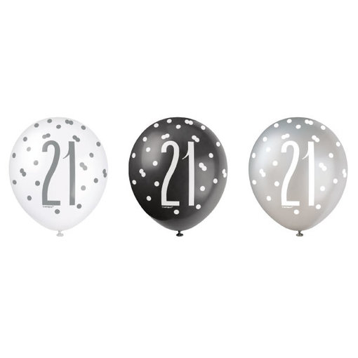 Ballonnen 21 Jaar Zwart en Zilver Glitz (6st)