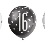 Ballonnen 16 Jaar Zwart en Zilver Glitz (6st)