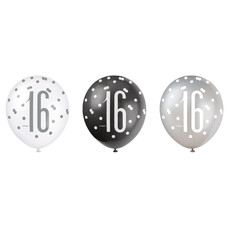 Ballonnen 16 Jaar Zwart en Zilver Glitz (6st)