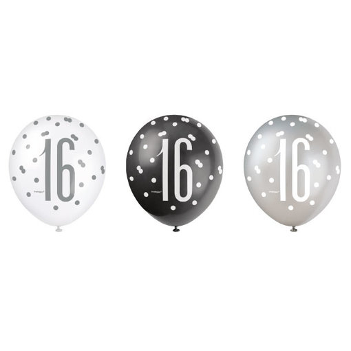 Ballonnen 16 Jaar Zwart en Zilver Glitz (6st)
