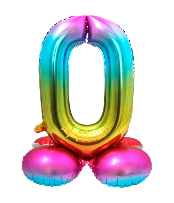 Regenboog Folieballon Cijfer 0 Op Standaard - 72cm