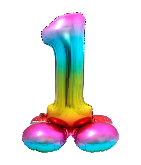 Regenboog Folieballon Cijfer 1 Op Standaard - 72cm